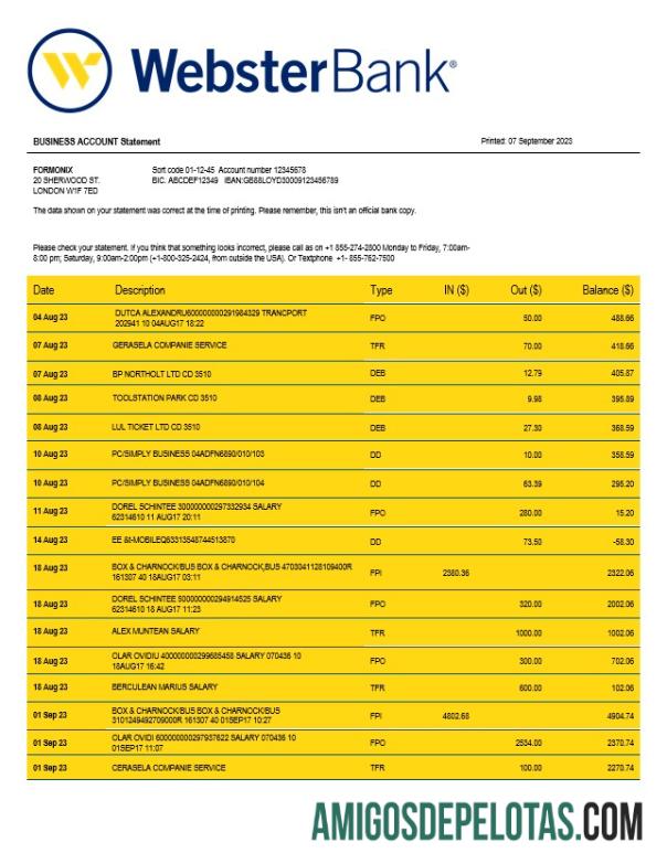 Imprimível Webster Bank Business Statement modelo Word e PDF